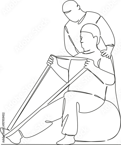 One continuous single drawing line art flat doodle physical therapist, person, physical therapy, patient, recovery, man, indoor, care, photography, two people. Isolated image hand draw contour on a wh