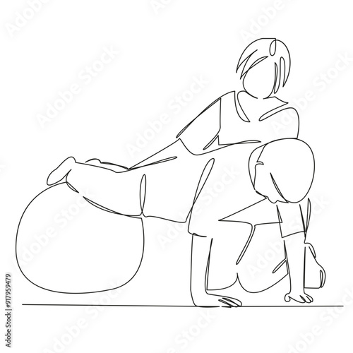 One continuous single drawing line art flat doodle child, person, care, female, woman, adult, horizontal, medicine, photography, recovery. Isolated image hand draw contour on a white background