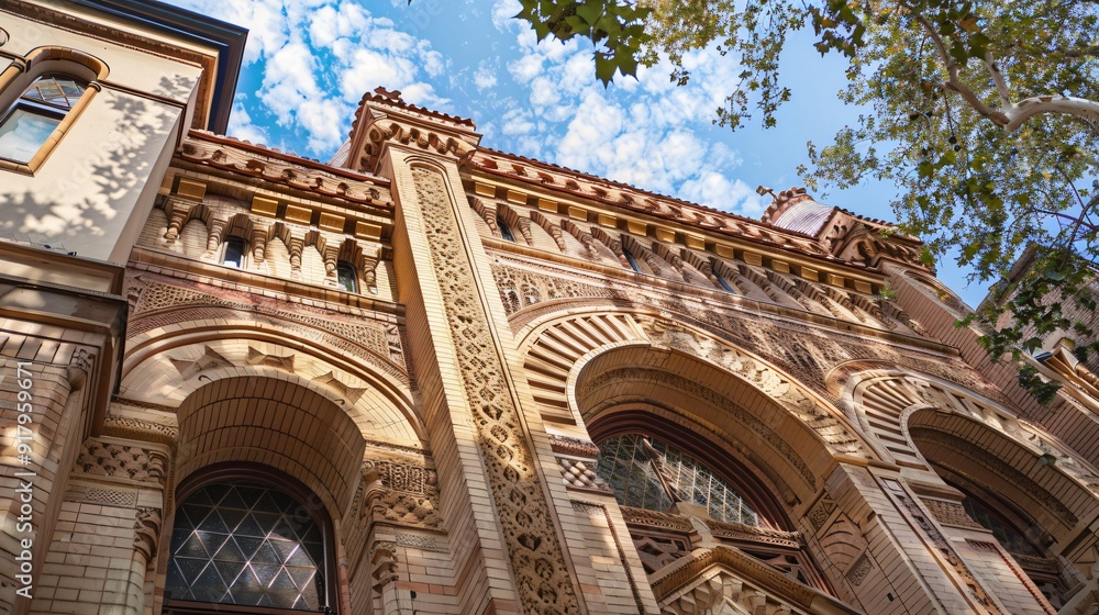 Obraz premium Angled Exterior View of Historic Synagogue with Focus on Architectural Details