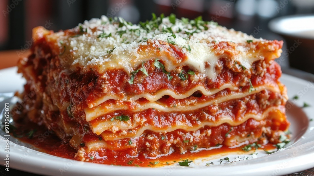 Close-up of a plate of lasagna with layers of meat, cheese, and tomato sauce. Close-up of a plate of lasagna with layers of meat, cheese, and tomato sauce.