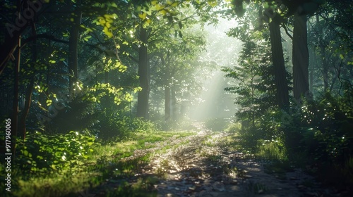 A serene forest path with sunlight streaming through the canopy.