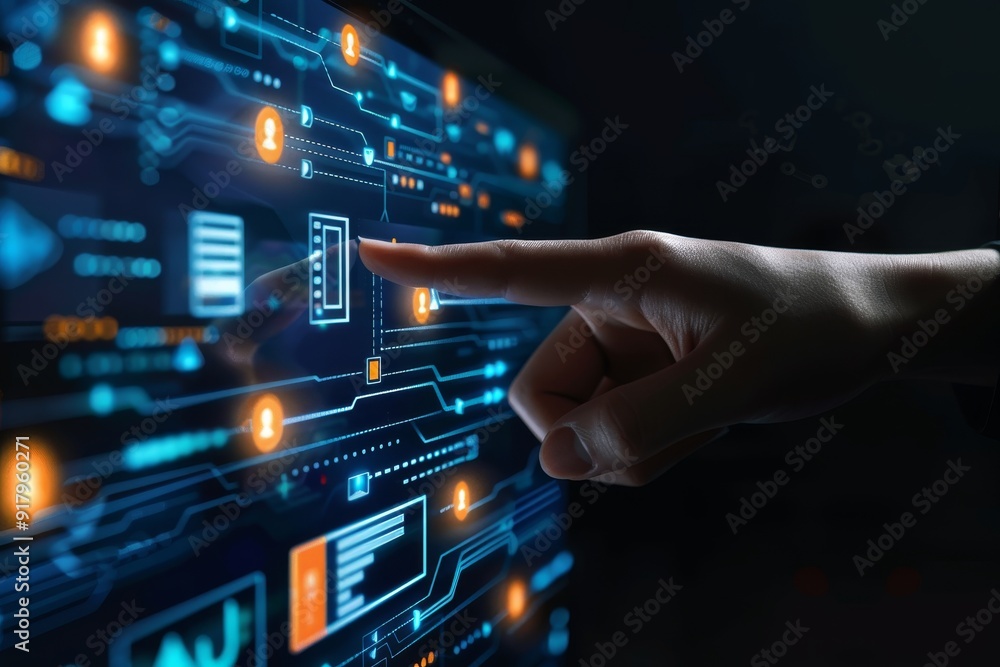 Hand Touching Digital Screen with Network Icons – Business Concept for Online System Hand Touching Digital Screen with Network Icons – Business Concept for Online System