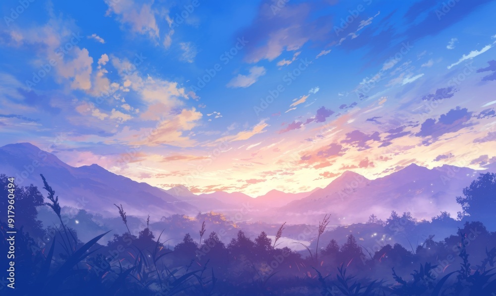 Obraz premium Enchanting Anime Winter Landscape: Serene Distant Mountains Embraced by Lush Vegetation, Masterful Sky with Purple-Orange Hues, Soothing Blue Snowy Scene. Artistic Capture of Nature's Tranquil Beauty 