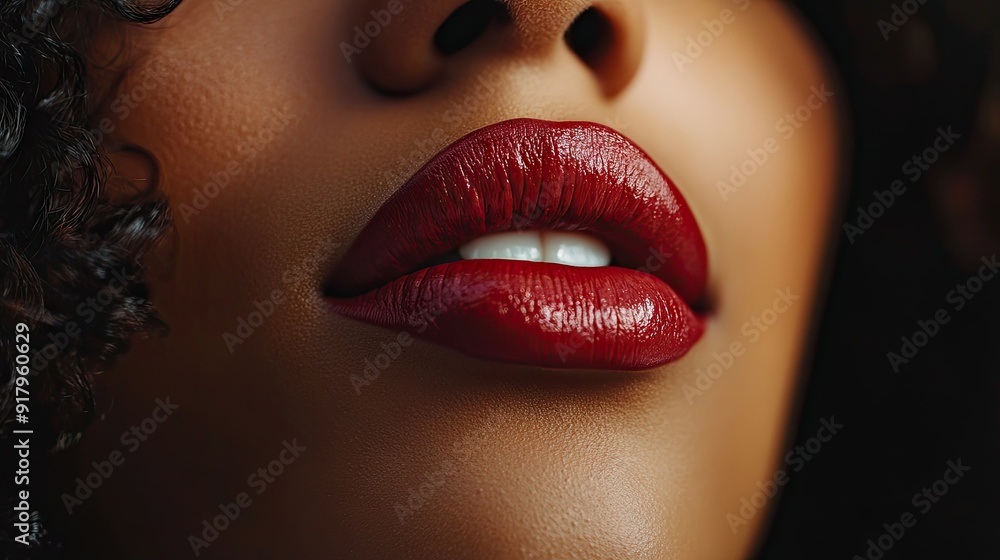 Close-up of a woman gently pressing her lips together to blend the lipstick. Close-up of a woman gently pressing her lips together to blend the lipstick.