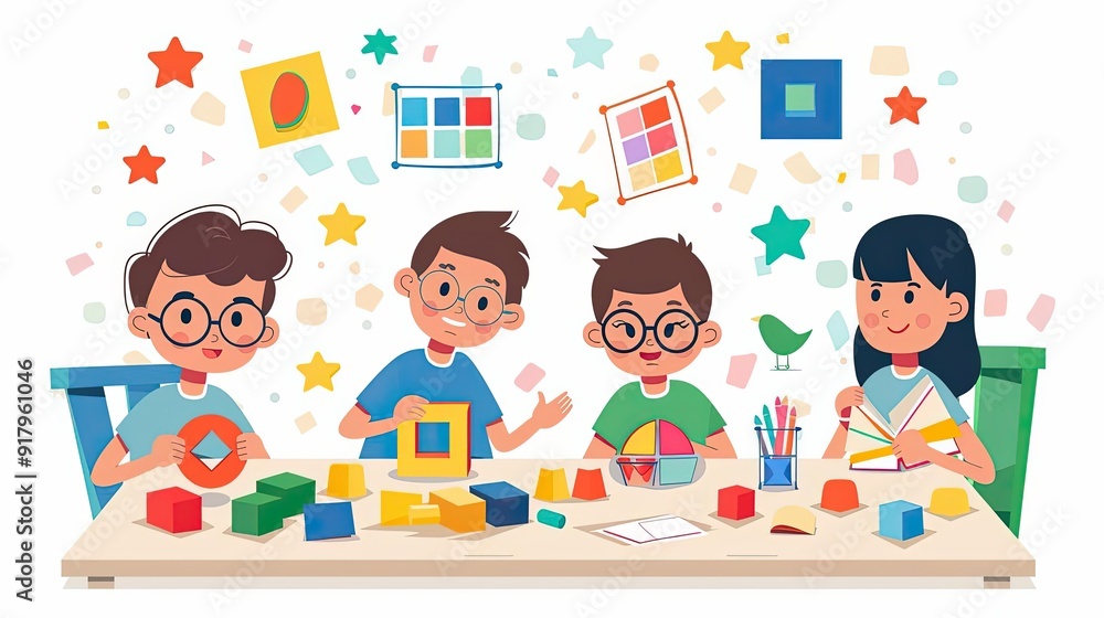 Preschool activities, toddlers learning shapes and colors, flat design illustration Preschool activities, toddlers learning shapes and colors, flat design illustration