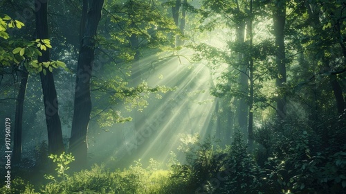 A serene forest with rays of sunlight filtering through the trees.