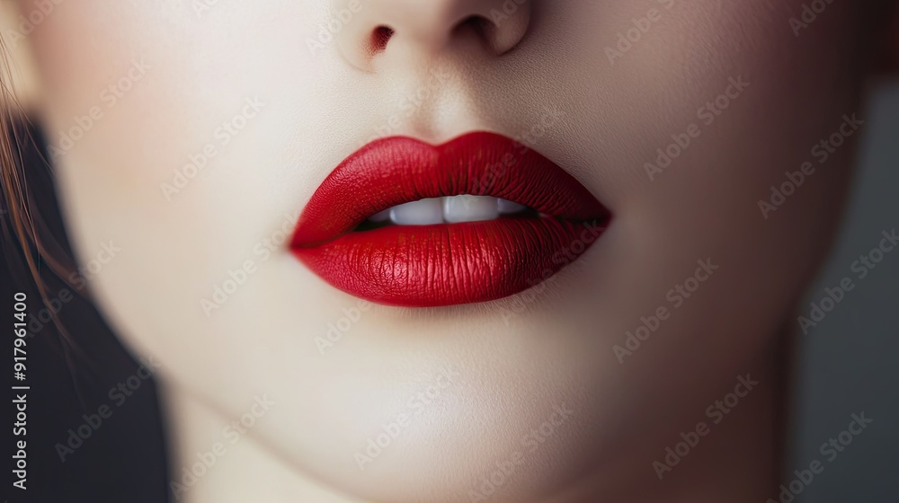 Close-up of a woman's lips with a classic red lipstick, paired with flawless makeup. Close-up of a woman's lips with a classic red lipstick, paired with flawless makeup.