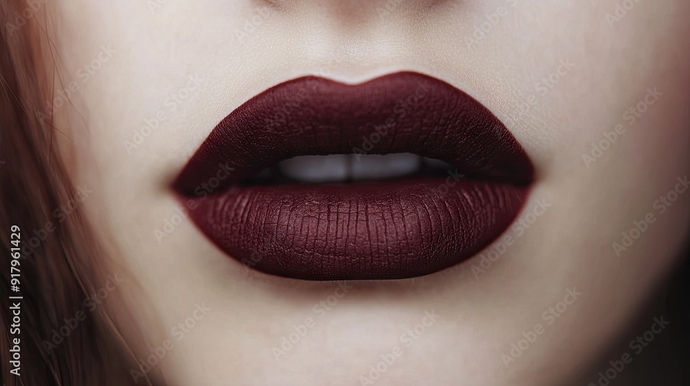 Close-up of a woman's lips with a deep burgundy lipstick, highlighting the rich color. Close-up of a woman's lips with a deep burgundy lipstick, highlighting the rich color.