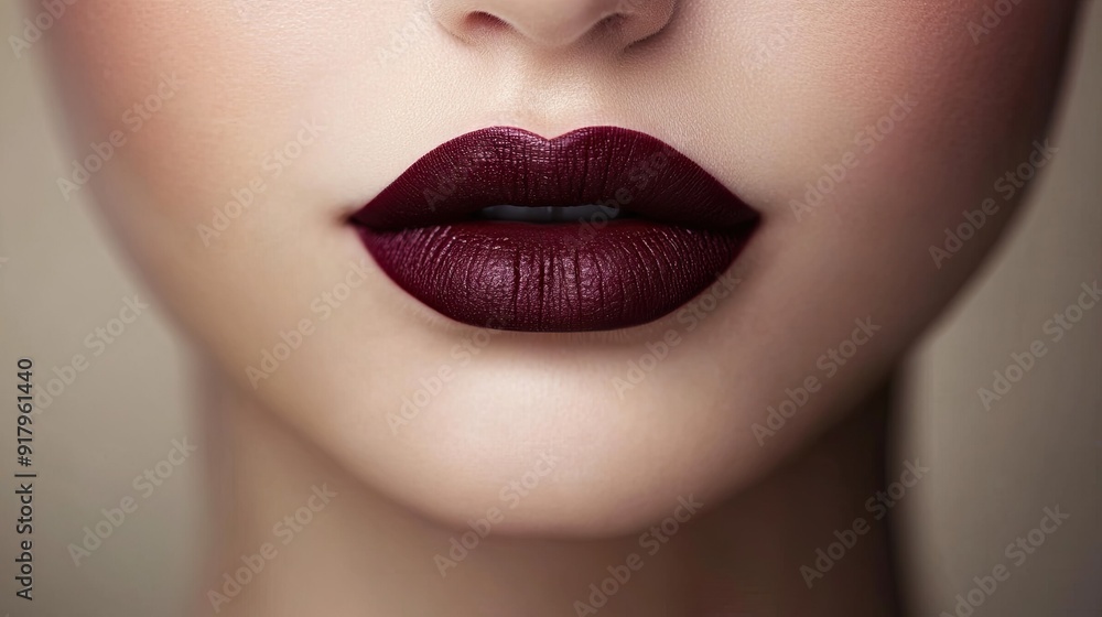 Close-up of a woman's lips with a deep burgundy lipstick, highlighting the rich color. Close-up of a woman's lips with a deep burgundy lipstick, highlighting the rich color.
