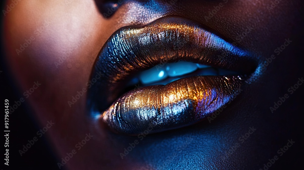 Close-up of a woman's lips with metallic lipstick, reflecting light for a dramatic effect. Close-up of a woman's lips with metallic lipstick, reflecting light for a dramatic effect.