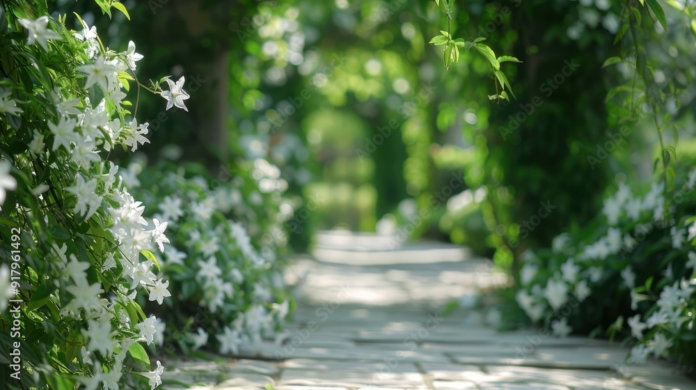 A serene garden path lined with blooming jasmine, their delicate, star-shaped flowers and intoxicating fragrance creating a calming and enchanting atmosphere A serene garden path lined with blooming jasmine, their delicate, star-shaped flowers and intoxicating fragrance creating a calming and enchanting atmosphere