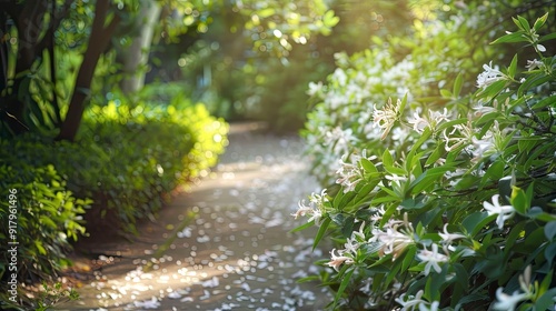 A serene garden path lined with blooming honeysuckle, their delicate, tubular flowers and intoxicating fragrance creating a calming and enchanting atmosphere