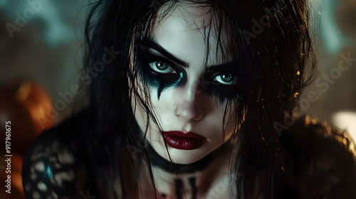 Gothic woman with intense makeup, 