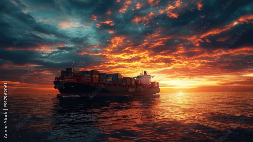 Container Ship in the evening sky. Container Ship in the evening sky.