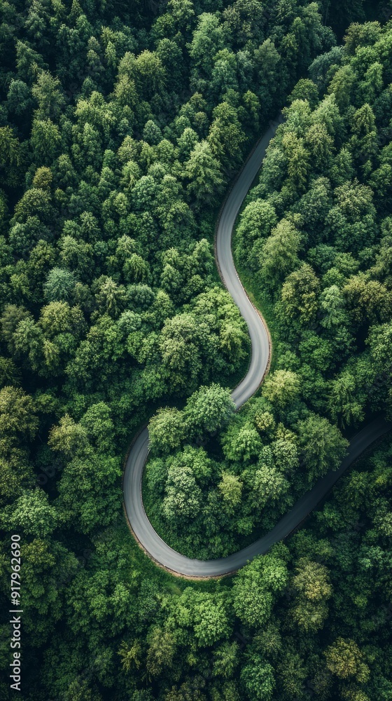 A winding road through a forest with trees on both sides A winding road through a forest with trees on both sides
