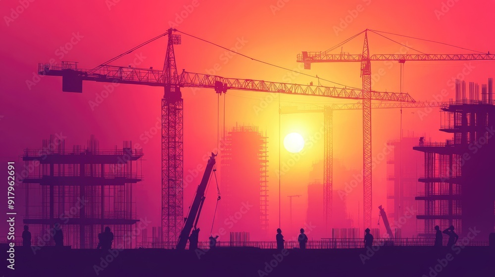 Engineer workers on background of construction cranes on background. Engineer workers on background of construction cranes on background.