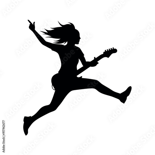 a Rockstar female singer jumping with guitar vector silhouette, isolated white background