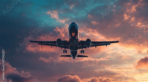 Evening flight of a passenger airplane on a background of beautiful sky