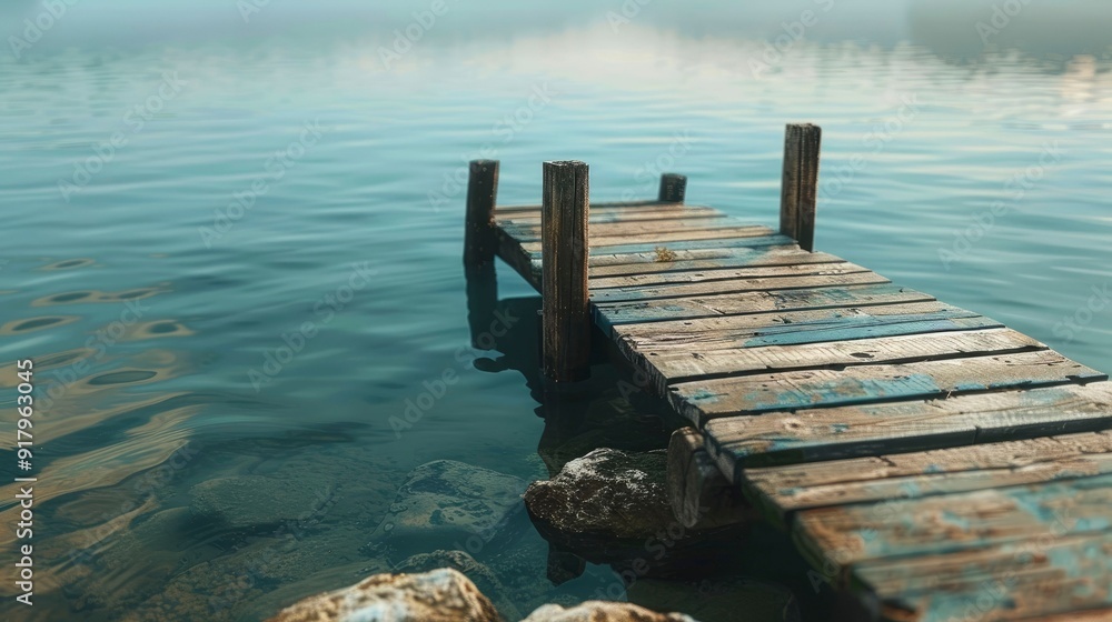 A serene lakeside scene with a wooden pier and calm waters. A serene lakeside scene with a wooden pier and calm waters.