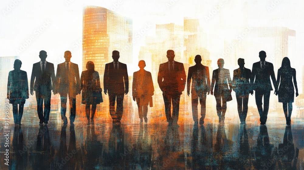 Group of business people outlines with lit background . Mixed media - Group of business people outlines with lit background . Mixed media -