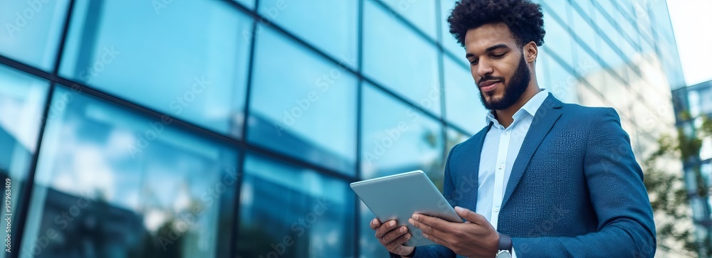 Confident male manager holding tablet outdoors infront of modern office building. Young businessman using tablet for online remote working banner with copyspace. Confident male manager holding tablet outdoors infront of modern office building. Young businessman using tablet for online remote working banner with copyspace.