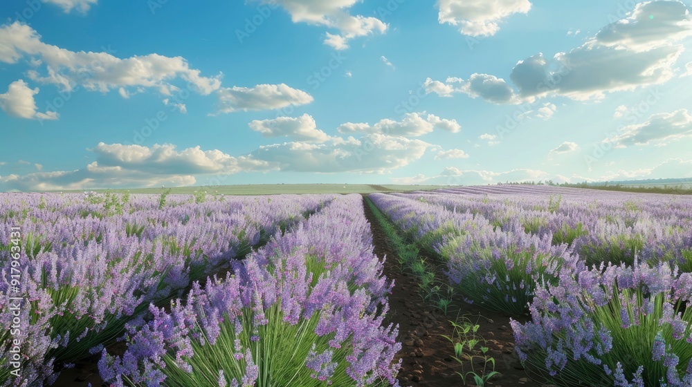 Naklejka premium A serene lavender farm with rows of purple flowers and clear blue skies.