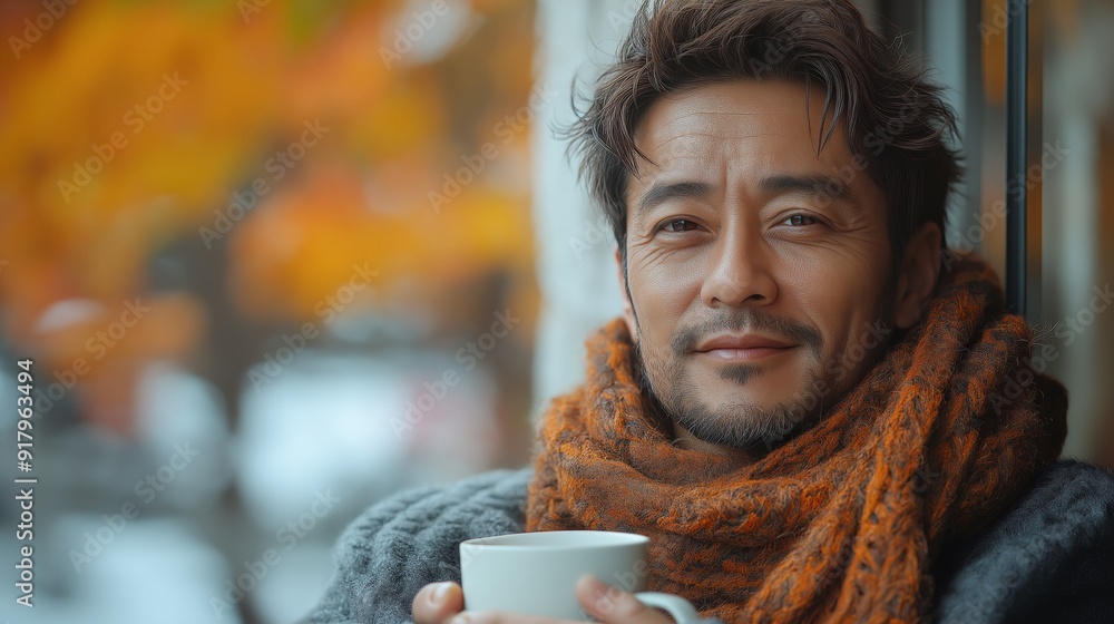 Handsome mature asian man in a cozy scarf, enjoying a hot drink while gazing out of a window during a crisp autumn day, reflecting warmth and comfort in a serene fall setting Handsome mature asian man in a cozy scarf, enjoying a hot drink while gazing out of a window during a crisp autumn day, reflecting warmth and comfort in a serene fall setting