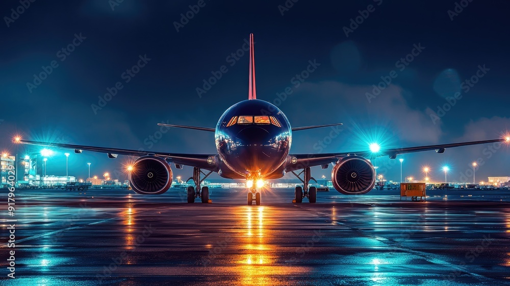 Fototapeta premium passenger plane on the platform at night, lights, front view -