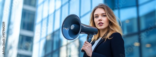 Young businesswoman holding loudspeaker outdoors for company announcement infront of office building. Shouting in megaphone banner, Concept of business employment and profession.