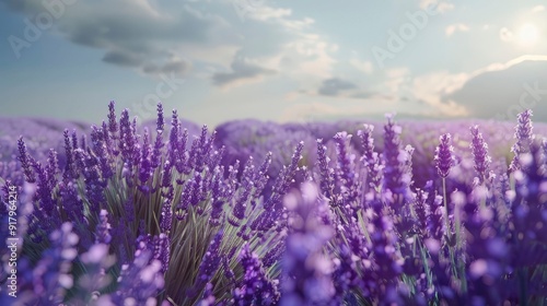 A serene lavender field with vibrant purple flowers in full bloom.