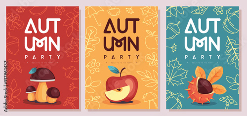 Set of retro flat autumn party posters with autumn floral attributes. Seasonal sale poster. Vector illustration