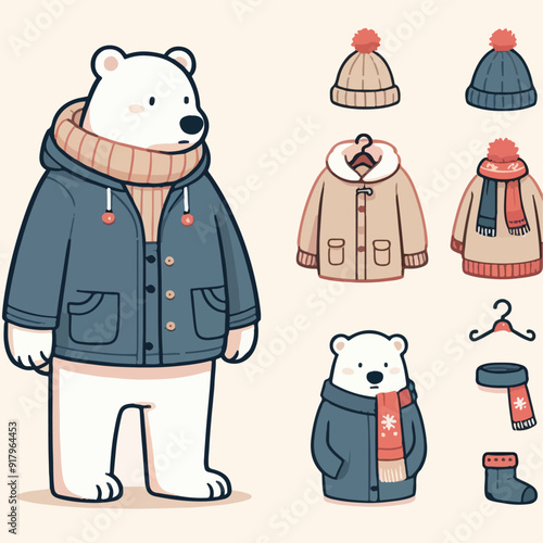 cute cartoon polar bear in winter clothes