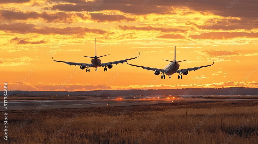 rear view of two airplanes for commercial passenger or cargo transportation aircraft flying in sequence and spread the wheel for landings to airport on golden sunset sky in dusk or evening rear view of two airplanes for commercial passenger or cargo transportation aircraft flying in sequence and spread the wheel for landings to airport on golden sunset sky in dusk or evening