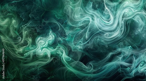 An abstract smoky scene with intricate swirls and patterns in shades of green and blue, set against a dark background.