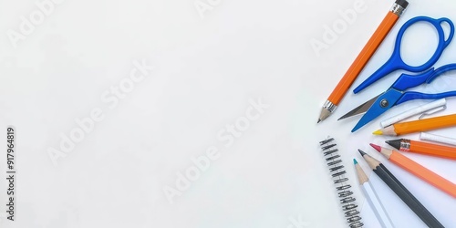 A collection of school supplies including a blue notebook, scissors, and pencils7 