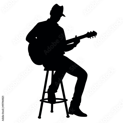 a singer play guitar sitting on the stool vector silhouette, isolated white background, a cap wear on the head