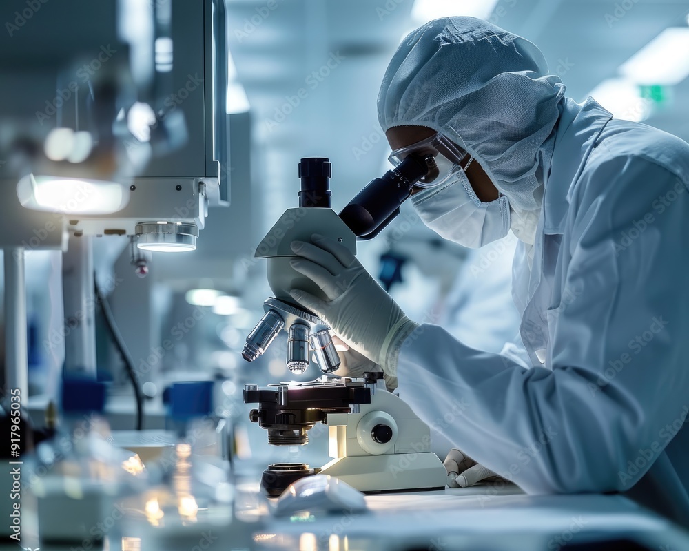 A scientist in a lab coat and protective gear looks through a microscope during an experiment. A scientist in a lab coat and protective gear looks through a microscope during an experiment.