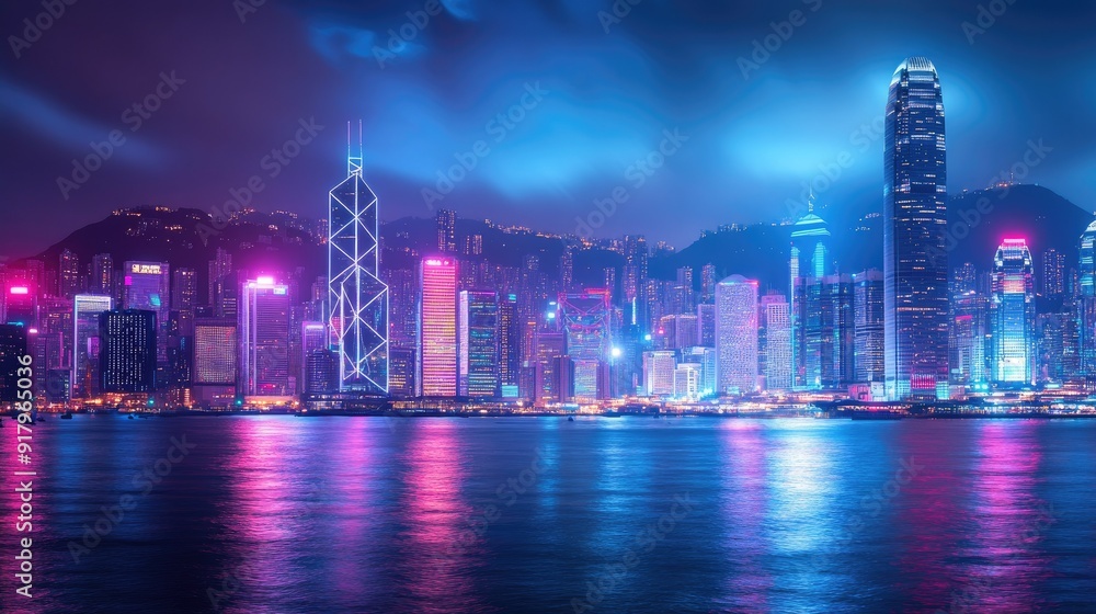 Fototapeta premium Smart network and Connection technology concept, Hong Kong digital city background at night in victoria harbour, Cyberpunk color style, Panorama view