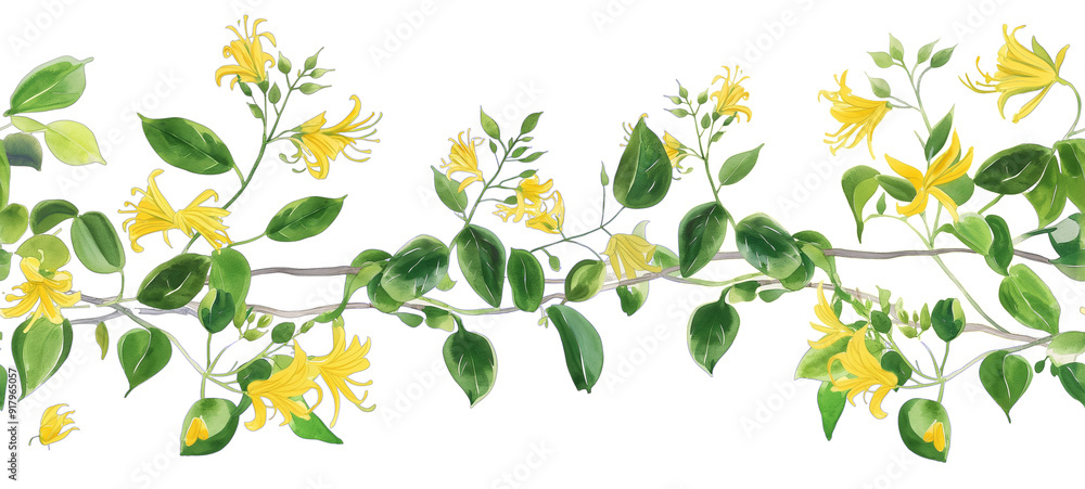 Obraz premium Seamless Horizontal Watercolor Honeysuckle vines Yellow Flowers isolated on transparent background