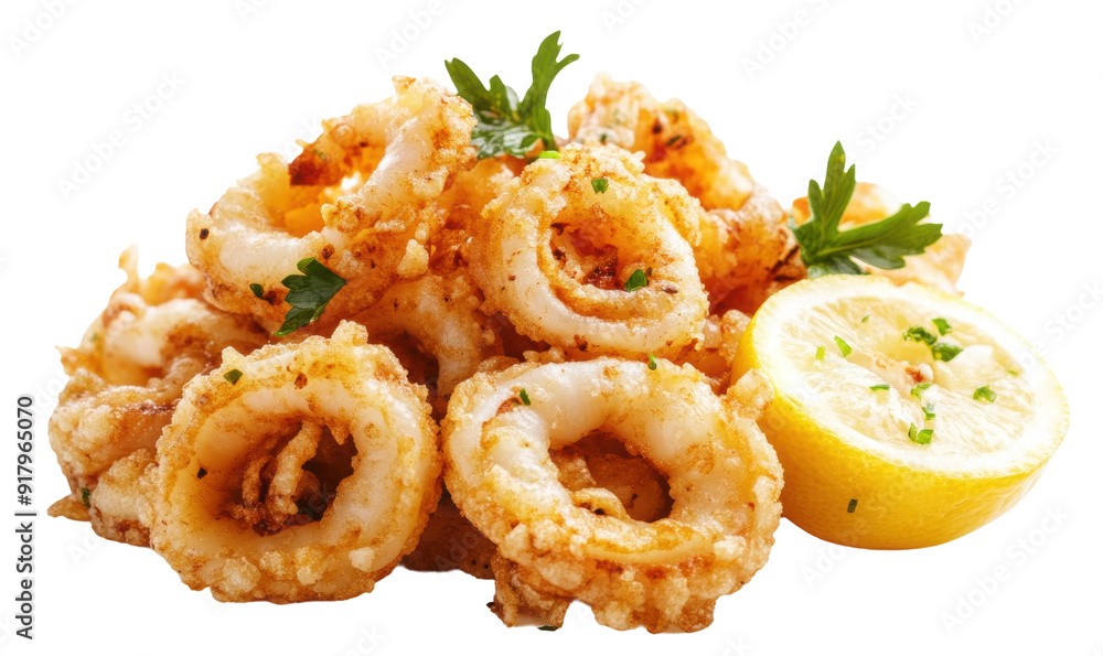 Crispy calamari with lemon, cut out - stock png. Crispy calamari with lemon, cut out - stock png.