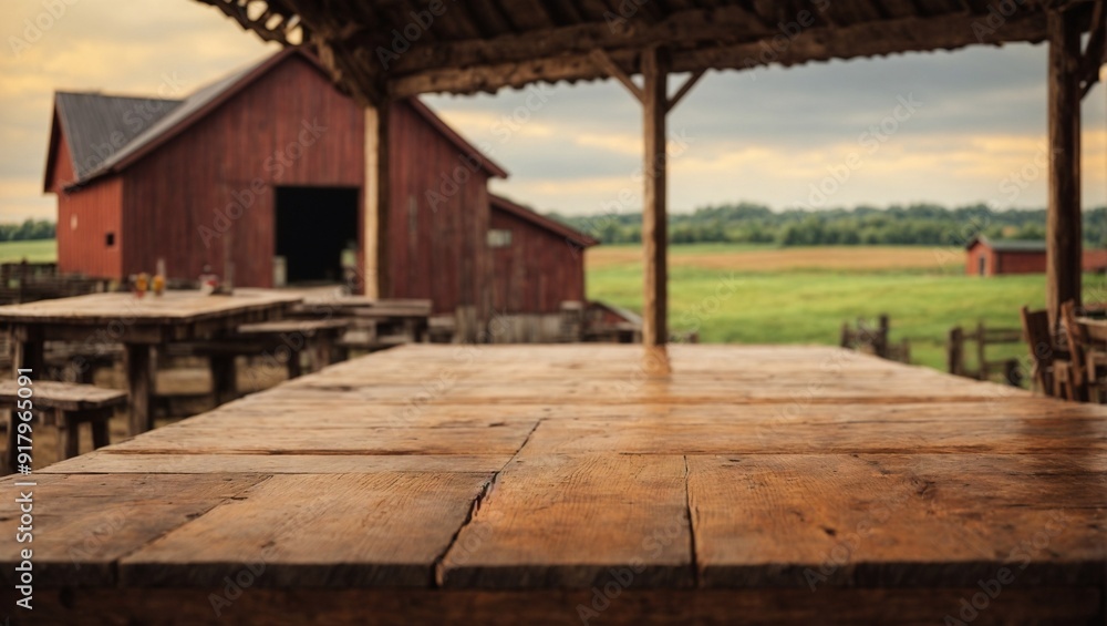 Rustic Barn and Countryside Picnic: Rustic charm meets natural beauty in this captivating image. A weathered wooden table stands ready for a delightful picnic beneath a covered porch, overlooking a pi Rustic Barn and Countryside Picnic: Rustic charm meets natural beauty in this captivating image. A weathered wooden table stands ready for a delightful picnic beneath a covered porch, overlooking a pi