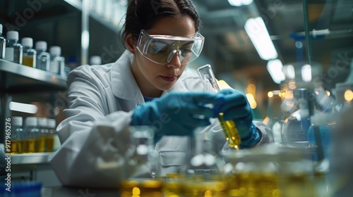 A scientist in a lab coat and safety goggles carefully examines a test tube filled with a yellow liquid.