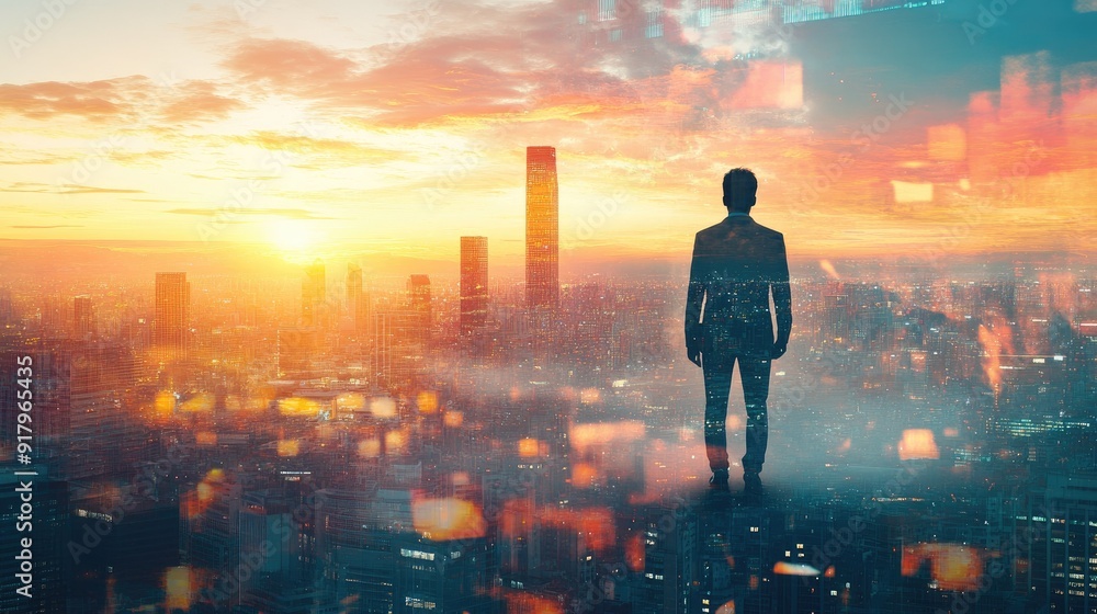 The double exposure image of the business man standing back during sunrise overlay with cityscape image. The concept of modern life, business, city life and internet of things. The double exposure image of the business man standing back during sunrise overlay with cityscape image. The concept of modern life, business, city life and internet of things.