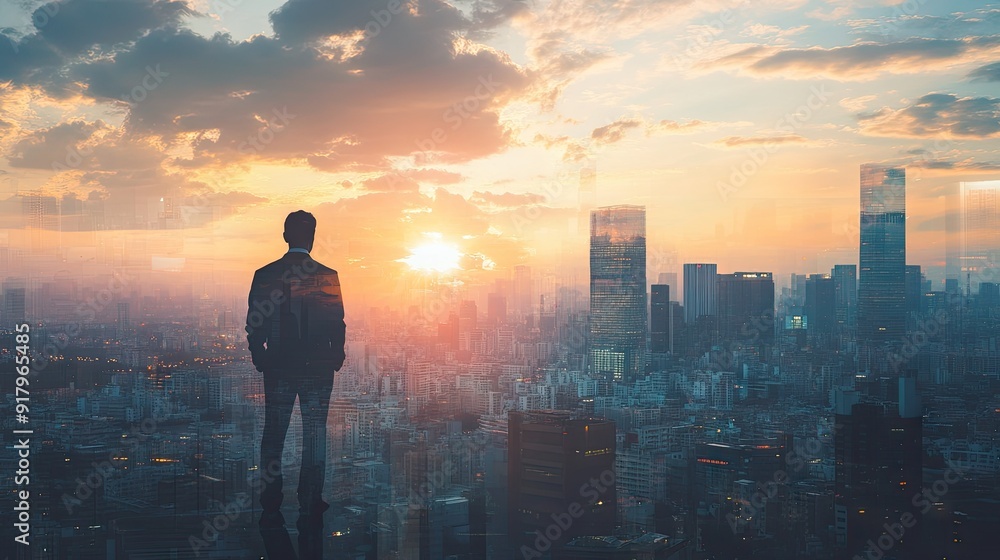 The double exposure image of the businessman standing back during sunrise overlay with cityscape image. The concept of modern life, business, city life and internet of things.