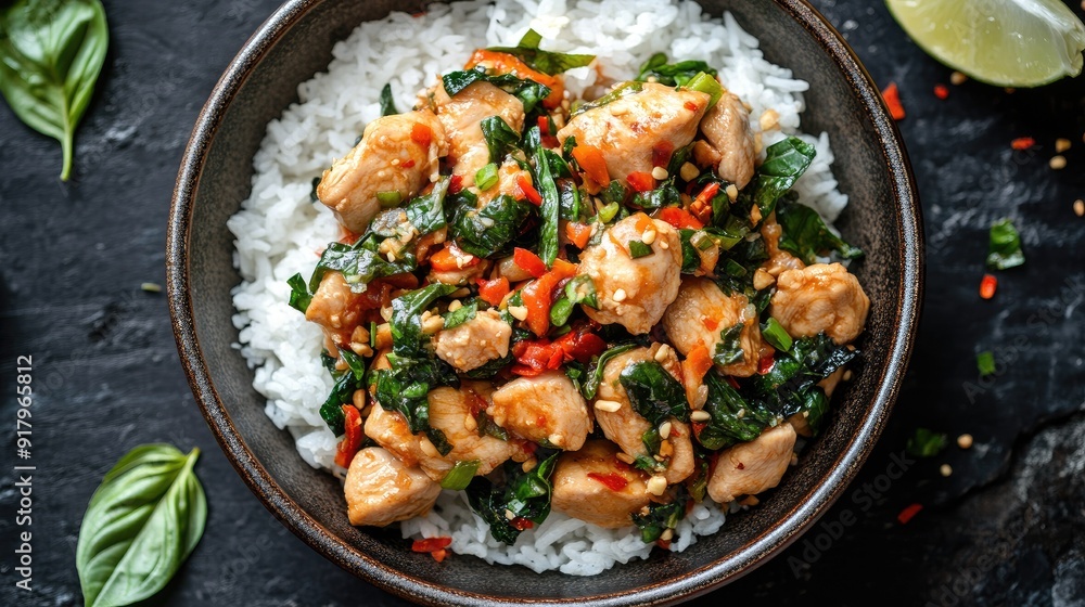 Top view of a bowl of spicy Thai basil chicken stir-fry (Pad Krapow) with rice. Top view of a bowl of spicy Thai basil chicken stir-fry (Pad Krapow) with rice.