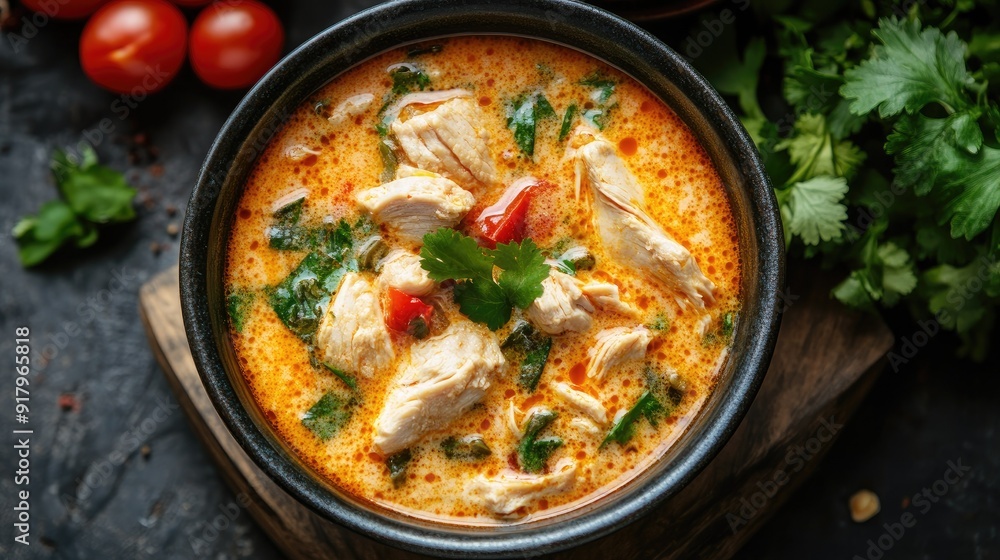 Top view of a bowl of Thai coconut soup (Tom Kha Gai) with chicken. Top view of a bowl of Thai coconut soup (Tom Kha Gai) with chicken.