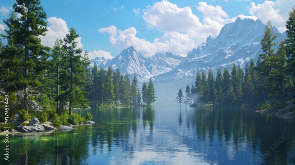 A serene mountain lake surrounded by pine forests. A serene mountain lake surrounded by pine forests.