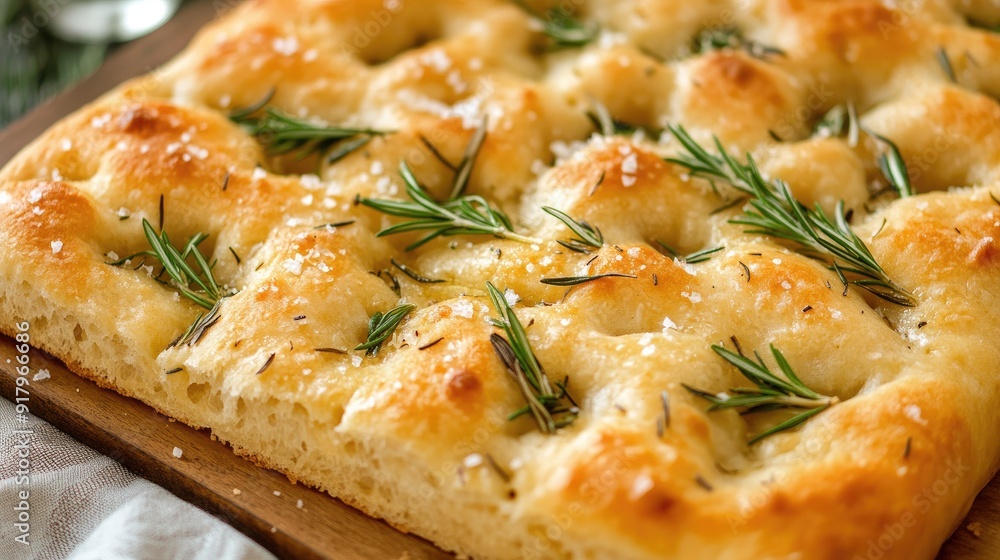 Top view of a focaccia bread topped with rosemary and sea salt. Top view of a focaccia bread topped with rosemary and sea salt.