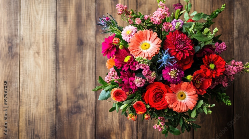 Top view of a mixed flower arrangement in a vase on a wooden table. Top view of a mixed flower arrangement in a vase on a wooden table.