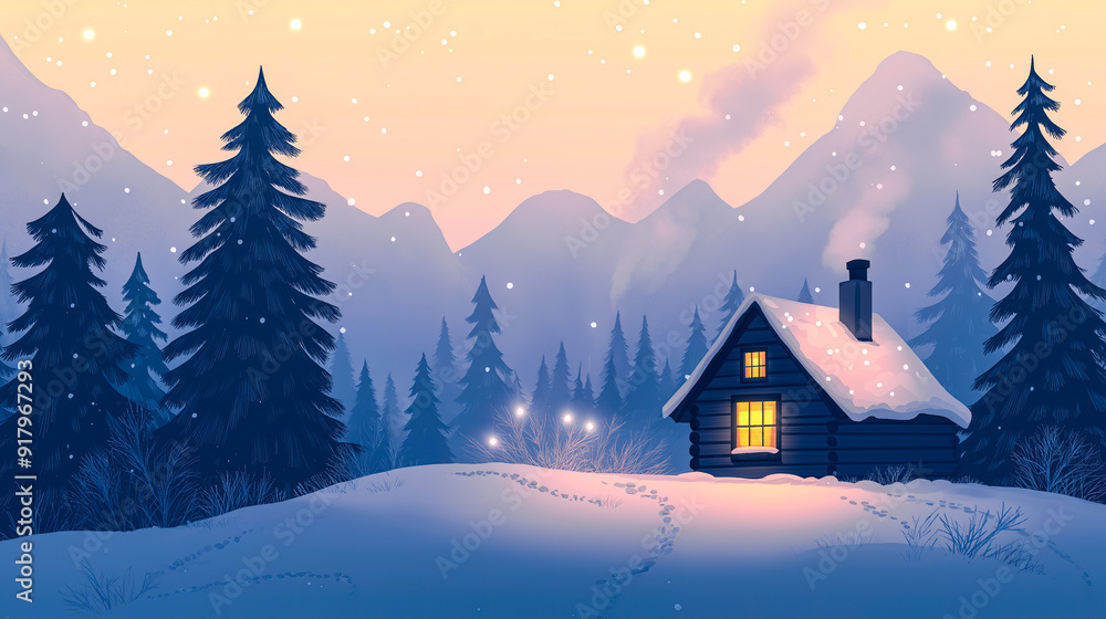 Fototapeta premium Snow-Covered Mountain Cabin with Twinkling Lights and Curling Smoke in a Winter Wonderland—Bright and Colorful Cartoon Anime Illustration